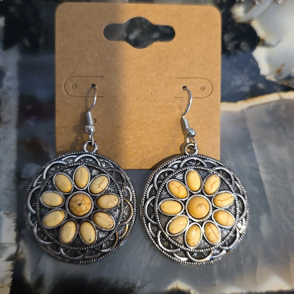 Silver and Yellow Boho Earrings Set Of 3 - Picture 4 of 4